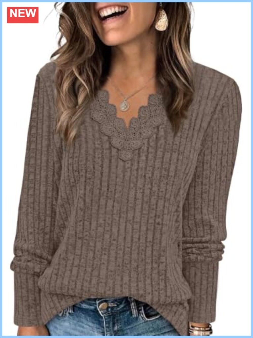 Womens V Neck Lace Trim Ribbed Knit Long Sleeve Tunic Top Dressy Casual